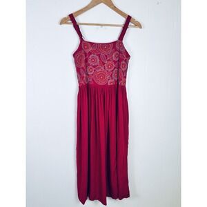 Max Small Deep Pink Embroidered Smocked Boho Midi Dress Sleeveless Rayon